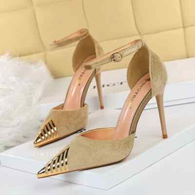 Pumps Sandalen Frau 9.5 CM Gurt Beige Gold Leder Kunststoff 8086