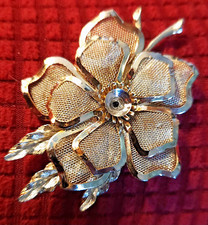 Vintage Mesh Flower Pin Brooch Silver Tone   Center Rhinestone Is Missing 