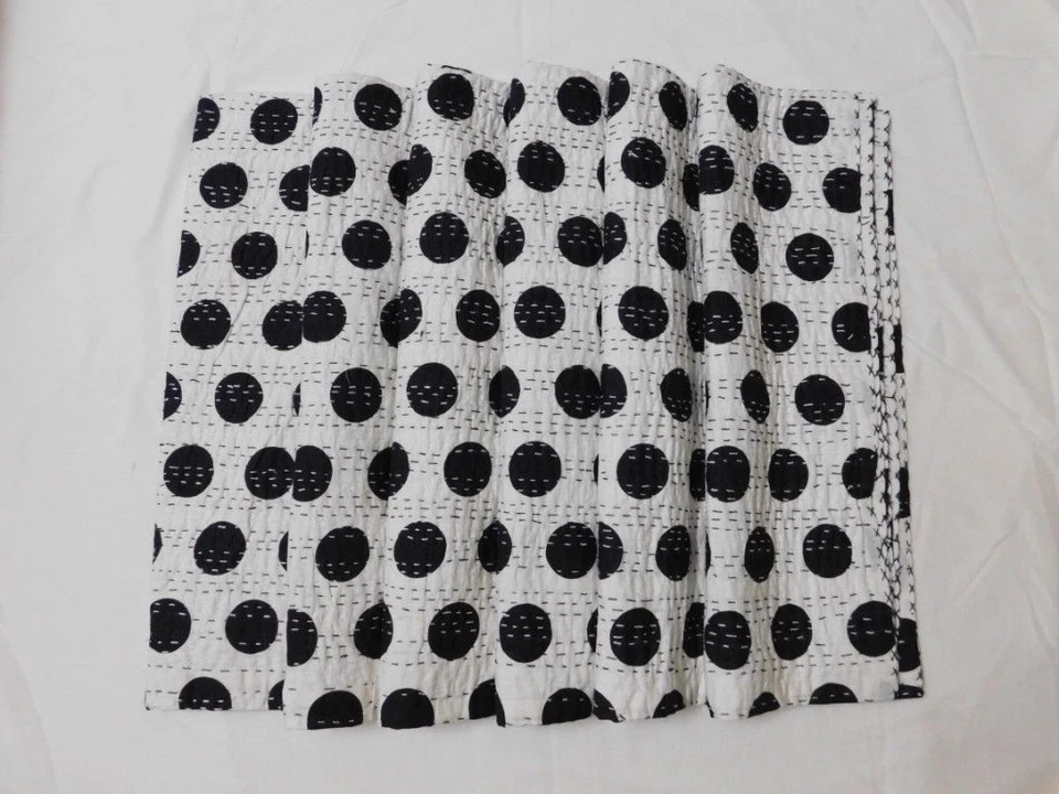 Black Polka Dot Queen Size Indian Kantha Quilt Cotton Blanket Vintage Bedspread - Image 3 of 4