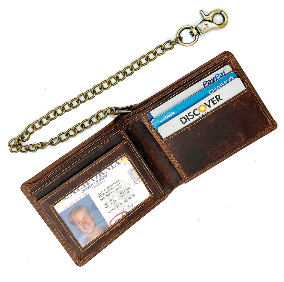 Hunter Brown Vintage Leather Mens Biker's Steel Chain Bifold Wallet