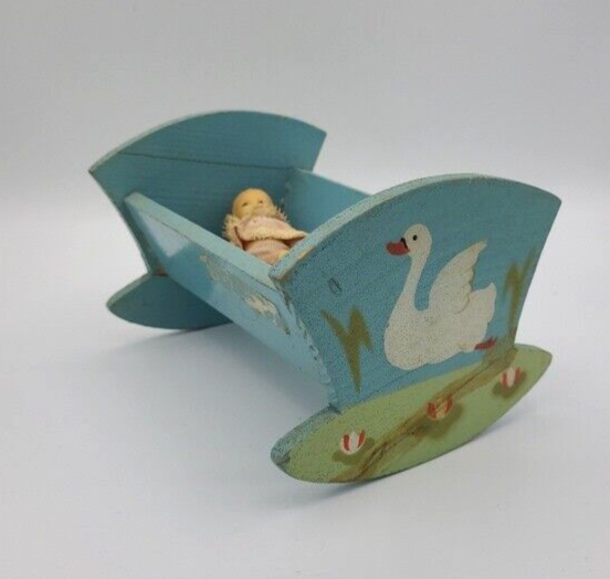 Vintage Small Wooden Doll Cradle With Doll Hand Painted Featuring Folk Design