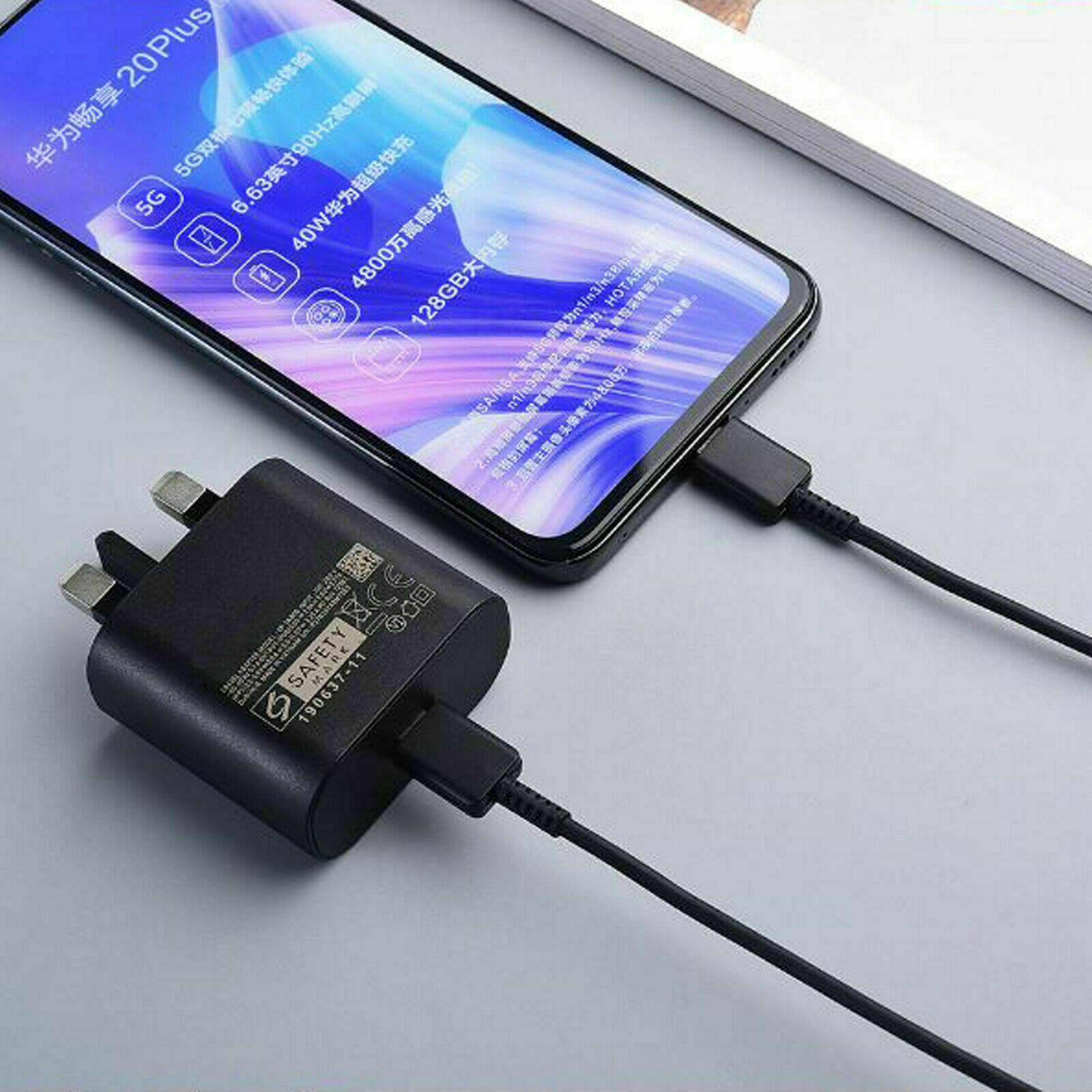 Chargeur Adaptateur 25W + Câble USB-C Rapide 60W pour Samsung Galaxy A34  A33 A32 4G-5G A54 A53 A52 4G-5G A52s - Noir