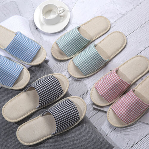 Womens Mens Indoor Slippers Anti-slip Linen Summer Open Toe Home Flat Slippers