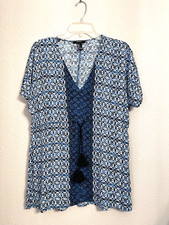 FOREVER 21 Top Women S White Boho V-Neck Short Sleeve Tie Tassel Waist Blouse