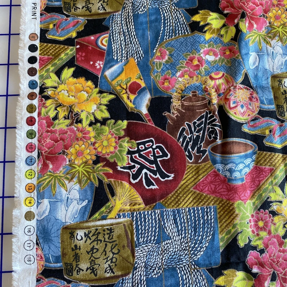 Hoffman Kimono Collection 5493 Cotton Fabric Quilting Blue Floral Asian Design - Image 3 of 4