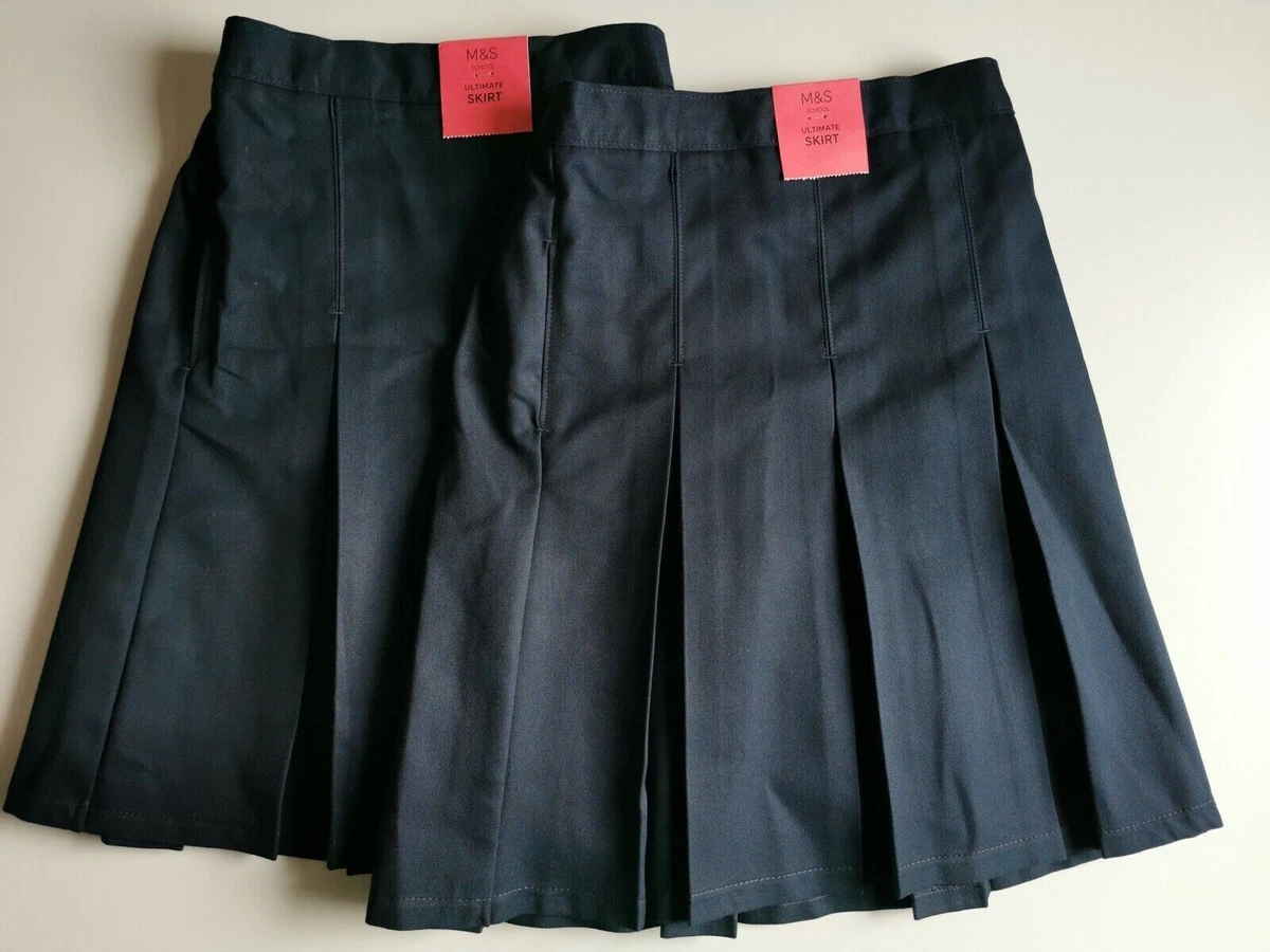 M S School Girls permanent Pleated Skirts 2pk Age 6 7 Long Length Navy Blue