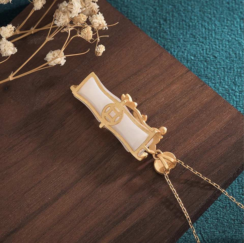 Нефрит подвеска ожерелье эмаль подвеска 18K золото покрытием цепочка бамбука изящный драгоценный камень - Изображение 3 из 4