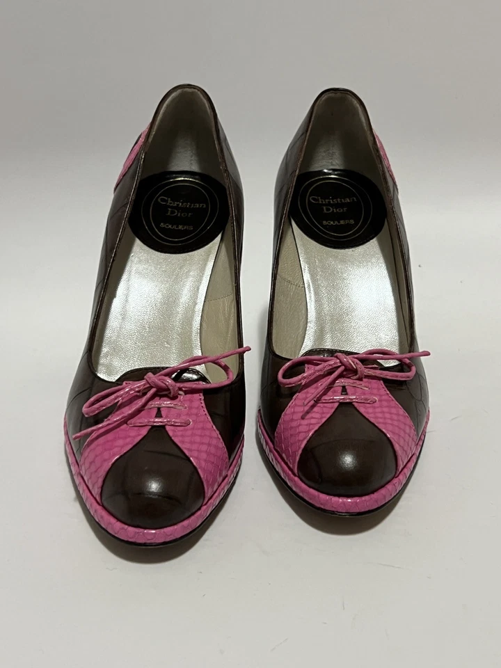 Vtg Christian Dior by John Galliano 2001 Brown Croc Embossed Number Heels 35 - Image 2 of 4