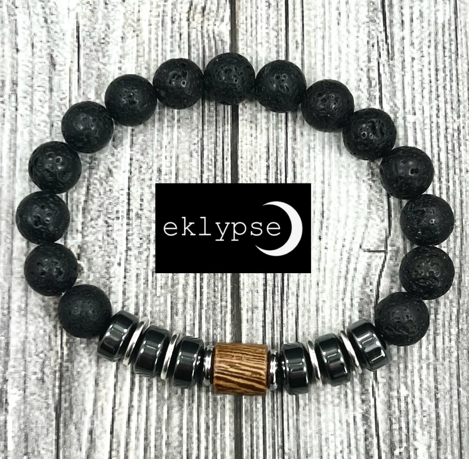 Brazalete para hombre 8"L acero inoxidable 10 mm lava+hematita+sándalo piedras preciosas con cuentas Foto 2 de 4