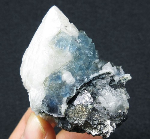 90g GEM octahedral blue Fluorite&Arsenopyrite&Skeletal Quartz,Inner Mongolia - Picture 16 of 17