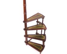 Victorian Wooden Library Stairs with Green Leather, Vintage Large Spiral Steps