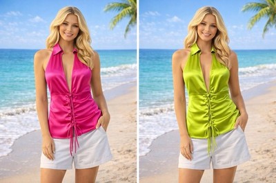 ladies crop tops M Satin Two For One Lime Green And Bright Pink