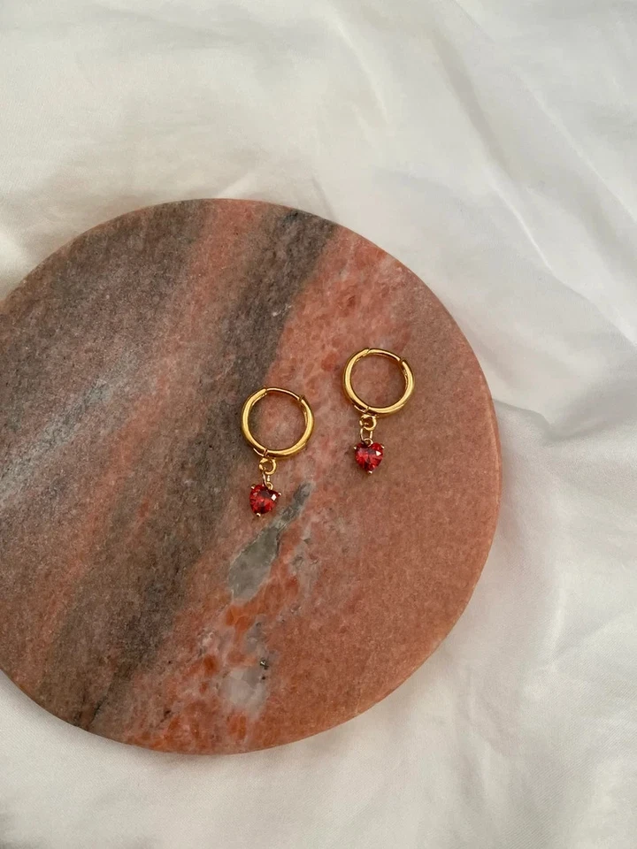 Heart Cut Lab Created Garnet Womens Hoop Earring 14K Yellow Gold Plated Silver - Image 3 of 4