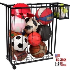 Multi-Sport Ball Storage Cart with Side Basket for Gloves  Tennis; Gravity