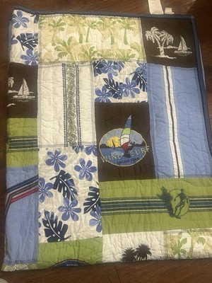 Pottery Barn Kids Adventure Patchwork Quilt Sz Twin Beach Aloha NOS Surf Sail