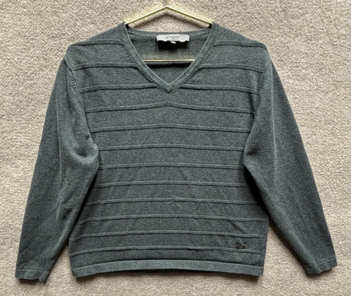 Givenchy, Maglione pullover vintage Givenchy grigio maglia scollo a V righe deboli uomo medio usato in ottime condizioni