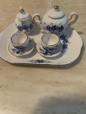 Dollhouse Ceramic Miniature Tea Set. Blue  White. 9 Pieces. Vintage-Nice.
