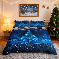 Merry Christmas Duvet Cover Set King Size,Snowflake Christmas Tree Bowknot Be...