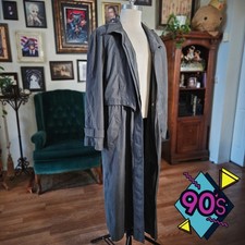 Trench Coat Charcoal Vintage 90s Grey Long Duster Jacket Belted Goth Size 12
