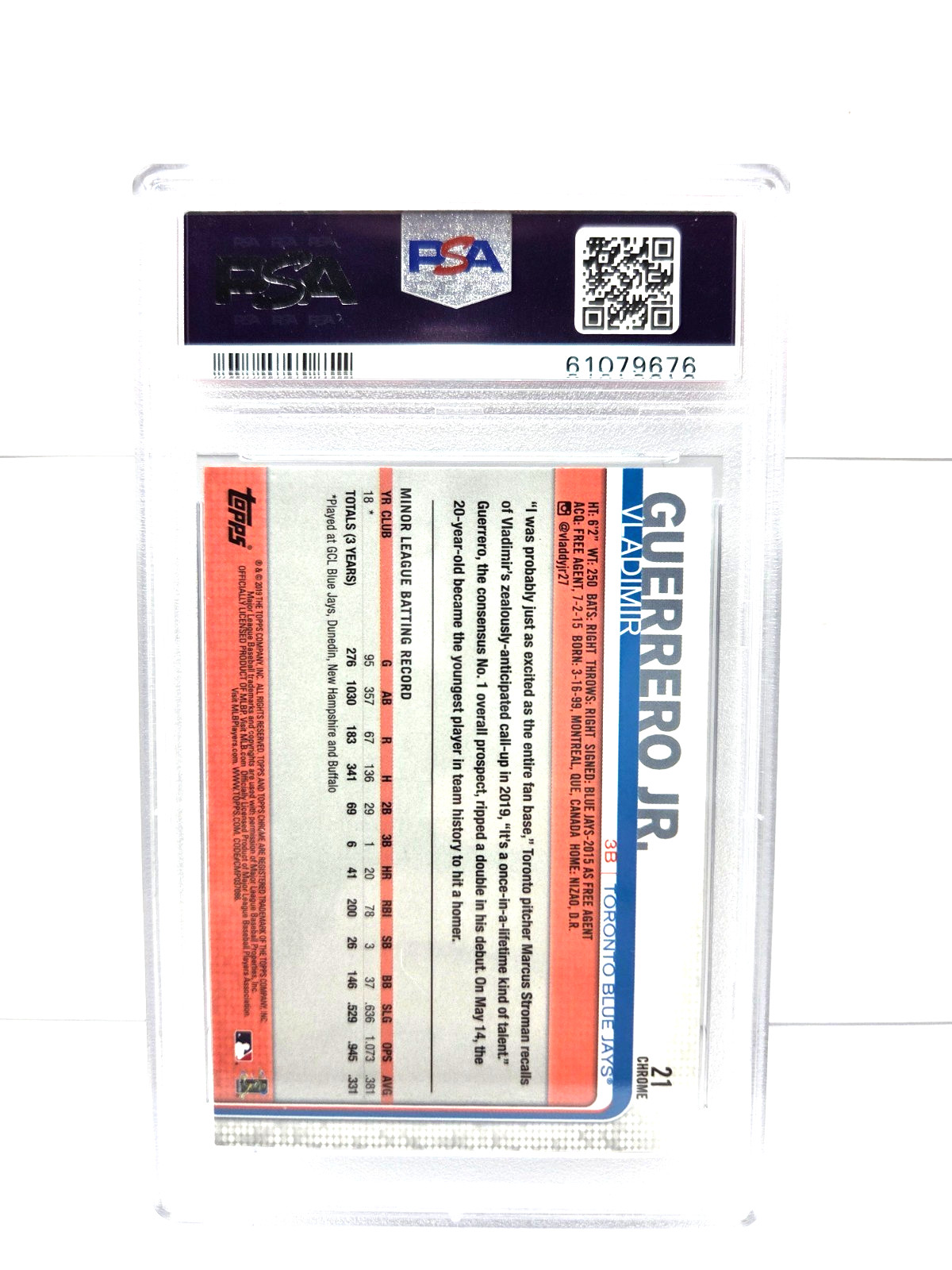 2019 Topps Chrome Update VLADIMIR GUERRERO JR RC Rookie Baseball Card PSA 9 MINT view 2