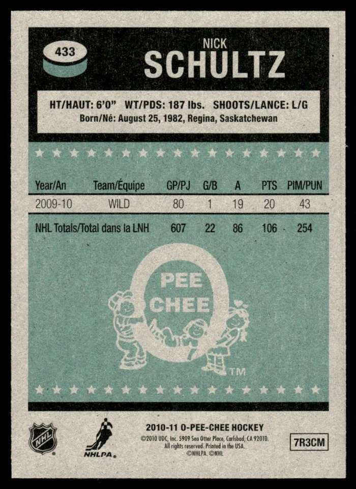 2010-11 O-Pee-Chee Retro Nick Schultz Minnesota Wild #433 - Image 2 of 2