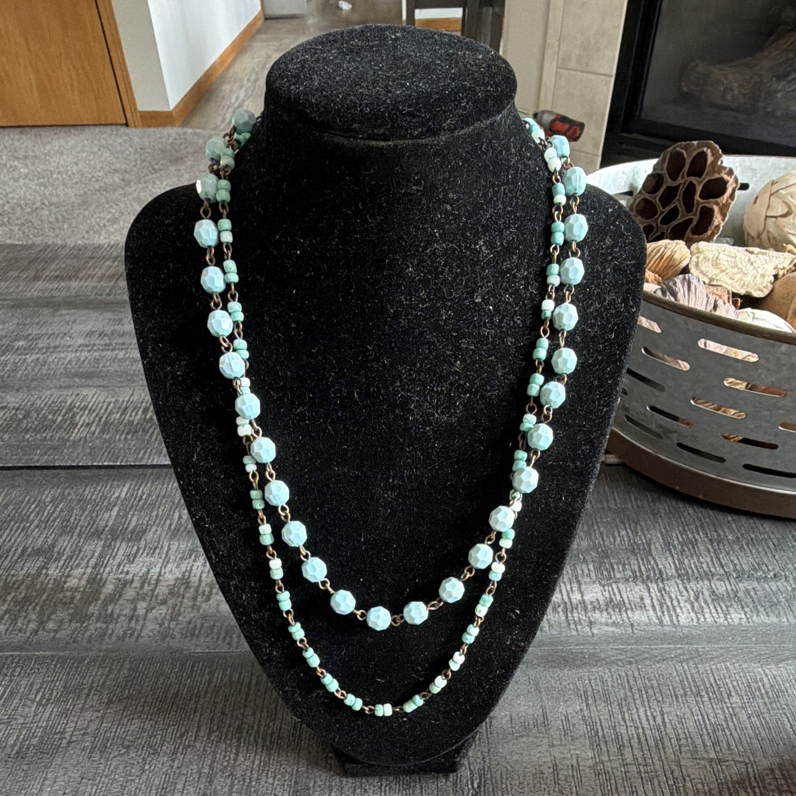 Blue Glass Beaded Layered Bohemian Necklace Adjustable Cable Chain Lobster