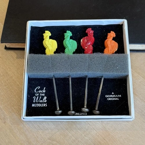 Gorham Sterling Silver Rooster Cock Of The Walk Cocktail Stirrers Muddlers Set
