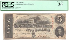1863 $5 Confederate States of America T-60 PF-24 Note - PCGS VF30! Better Type!