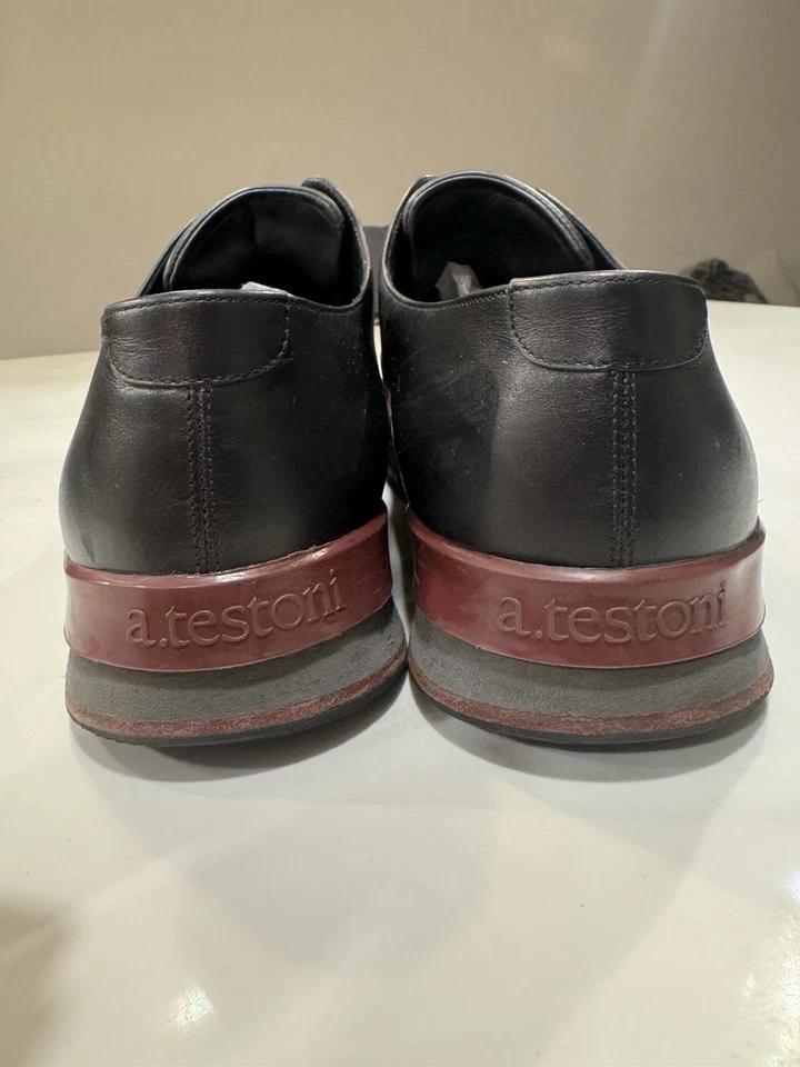 A Testoni Zapatos Hombres 12 Negro Cuero Cordones Zapatilla Hecha en Italia Foto 4 de 4