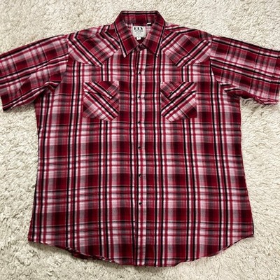 Ely Cattleman Shirt Mens XL Red Plaid Western Pearl Snap Cowboy Short Sleeve