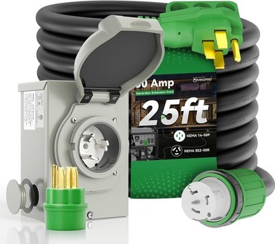 Generator Power Inlet Box 25FT Cord 50 Amp Combo ETL