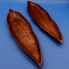 2 vintage teak wood SERVING DISHES bowls MCM Tiki banana leaves shape 14" 14.5"