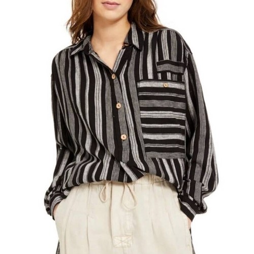 Free People We The Free Womens Summer Breeze Striped Linen Popover Size XS Black - Picture 3 of 12
