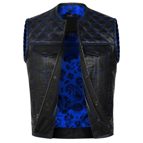 Men Black Leather Motorcycle Vest Blue Stitch Crocodile Quilted Biker Club Custo