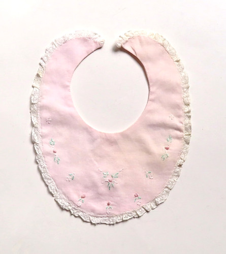 Vtg Handmade Oval Layered Baby Bib, Floral Embroidery & Lace, Button Close, Pink