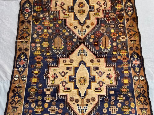 Vintage Afghan Rug 3'9x5'4 – Hand-Knotted Wool Tribal Geometric Medallion Carpet - Picture 3 of 10