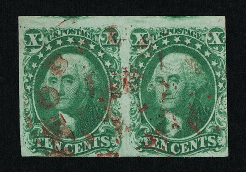 GENUINE SCOTT #14 VF-XF USED 1855 TYPE-II GREEN - PAIR WITH MAGENTA CDS CANCEL
