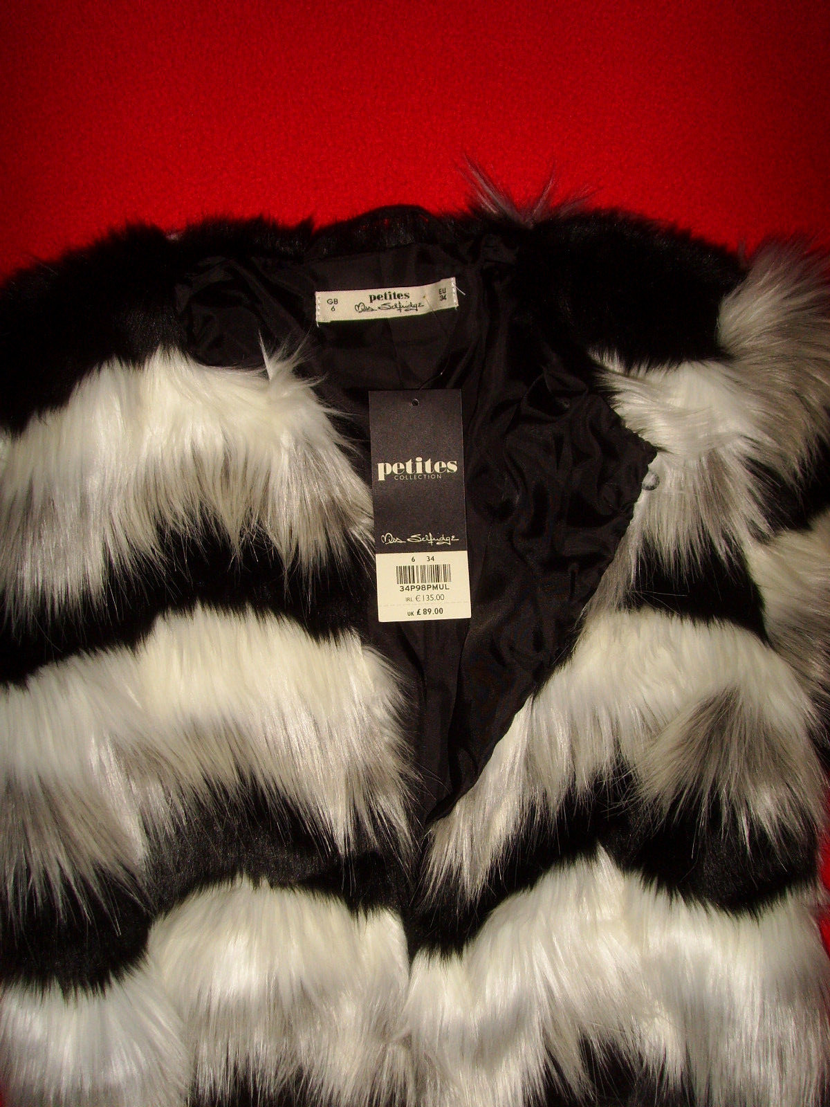 PETITES MISS SELFRIDGE LONDON FUR JACKET FAKE FUR BLACK AND WHITE 34 S NEW!! Excellent!! image 2
