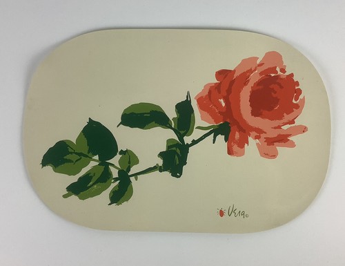 4 Vintage Vera Neumann Signed Long Stem ROSE Vinyl Placemats MCM Retro Flower