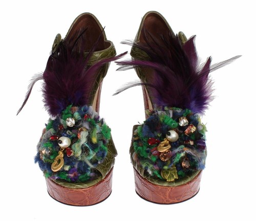 Dolce & Gabbana Green Leather Crystal Platform Sandal Shoes - 第 2/14 張圖片