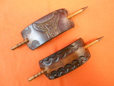 2 Leather Hair Barrettes w Sticks, Ponytail, USA Eagle Wings, Hand Crafted #223