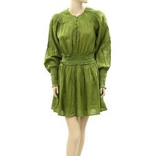 Happyxnature Kate Hudson Smocked Green Mini Dress Solid Cotton Ruffle S 231159