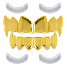 Plain Top Bottom Teeth Gold Plated Vampire Fangs Grillz 2 Extra Molds LS055 G