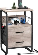 Nightstand with Drawers, Storage Night Stand Charging Station Greige 