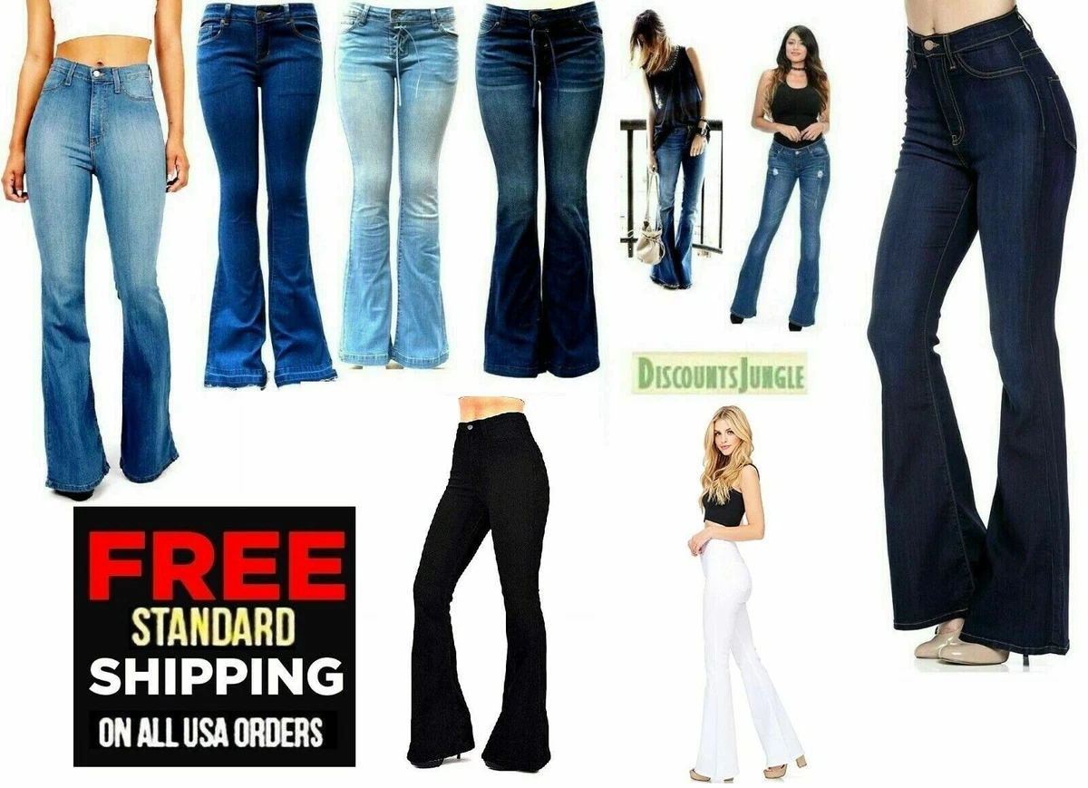 Womens Jeans Vintage High Waist Flared Bell Bottom Light Denim 70s Pants NEW