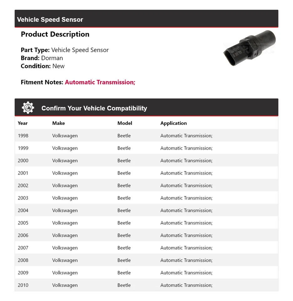 适用于 1998 - 2010 年大众甲壳虫 Dorman 汽车速度传感器 1999 2000 2001 2002 — 第 2/4 张图片
