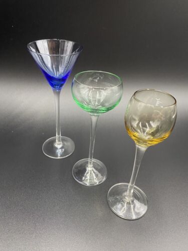 Vintage Set of Three (3) Long Stem Multicolor Diferent Sizes Cordial-Shot Glasse