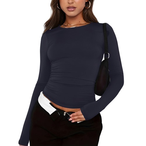 Women's Basic Long Sleeve Tops Slim Fit Stretchy Crew Neck T-Shirt Plain US - Picture 23 of 36