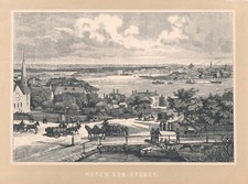Sydney. Hafenansicht  Originaler Holzstich mit Tonplatte um 1885