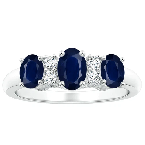 Three Stone Oval Blue Sapphire 925 Silver Eternity Ring For Graduation Gift